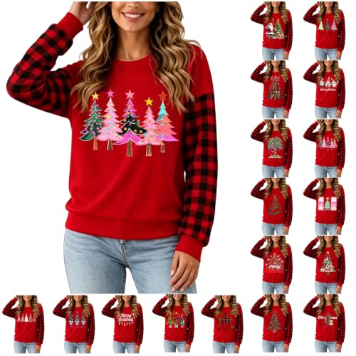 YNCSZEC Vintage Christmas Sweatshirts Women Casual Plaid Long Sleeve Pullover Crewneck Printed Xmas Sweaters Tops Red funny xmas sweatshirts S - image 1