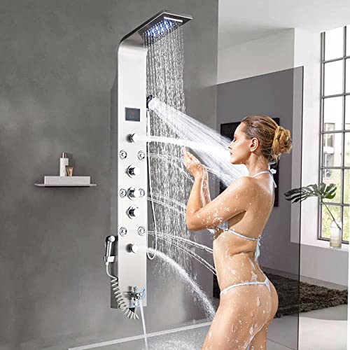 Columna de Ducha LED con Panel de Lluvia y Masaje Corporal - Acabado Mate, Material en Acero Inoxidable, Plástico y Bronce miniatura 1