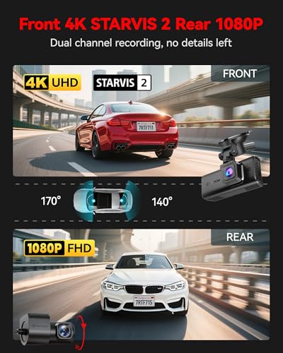 REDTIGER 4K STARVIS 2 Dash Cam Front and Rear, 5GHz WiFi 20MB/s Download, 128GB Card Included, Voice Control, Dash Camera for Cars with 3.18