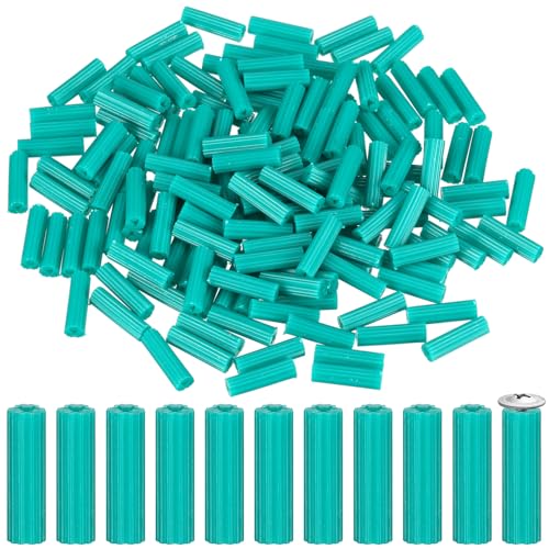 200 Pcs Expanding Plastic Screw Anchors 1/4" Hole Green Plastic Anchors for Concrete Tile Cement Bolt Expansion Tube for #10,11,12 Screws, Fix to Wall Drywall or Other Surface(1")