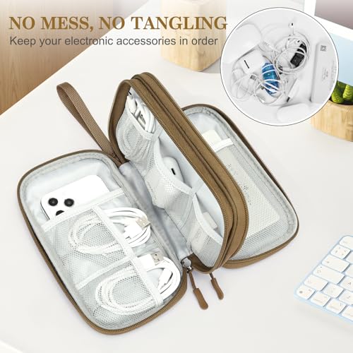 Image of FYY Electronic Organizer, Travel Cable Organizer Bag Pouch Electronic Accessories Carry Case Portable Waterproof Double Layers Storage Bag for Cable, Charger, Phone, Earphone, Medium Size, Brown