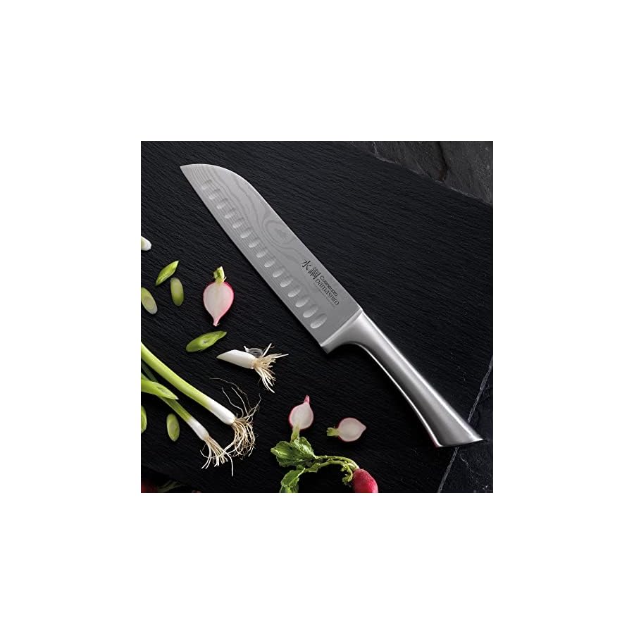 Cuisinepro-Damashiro-7-Piece-Kin-Knife-Block Cuisine::pro Damashiro Knife Block (Kin - 7 Piece Set) - Japanese Knife Set with Glass Holder, Razor Sharp Blades, Damascus Inspired Design