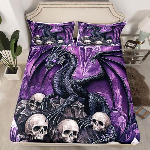 Sábana bajera ajustable de 3 piezas con diseño de dragón gótico, diseño de animales del oeste de Halloween, juego de cama de 3 piezas (sin sábana encimera), juego de ropa de cama de hueso de esqueleto