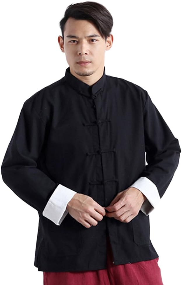 Men`s Chinese Traditional Linen Cotton Tai Chi Kung Fu Mandarin Collar Frog-Button Shirt