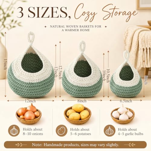 Image of Honeydak 3 Hanging Baskets, White with Sage Green, Teardrop, Cotton Rope
