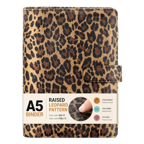 A5 Refillable 6 Ring Faux Leather Budget Binder Cover with Raised Leopard Texture Mini Notebook Binder Cover for A5 Filler Paper Loose Leaf Personal Planner Cover with Magnetic Buckle Closure(Leopard)