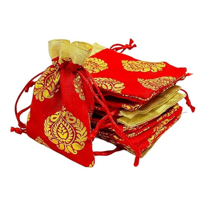 Krishav Pack of 11 Small Size Silk Potli Gift Bags Coin Bags Printed (15 X 10 cm) Drawstring Closure-picture-17