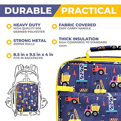 Image of Bento Box With Thermo, Insulated Lunch Bag, & Ice Pack Set For Kids Or Toddlers. Stainless Steel Food Jar, 5 Compartment Lunch-Box For Pre-School Or Daycare, Blue Yellow Trucks