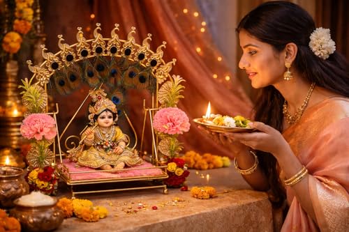 Image of AGAAS ENTERPRISES Laddu Gopal Jhula with Peacock Feather Crown - Handcrafted Metal Krishna Swing with Golden Peacock Arch & Mor Pankh for Janmashtami, Bal Gopal Palna for Home Mandir (Golden, 12 Inch)