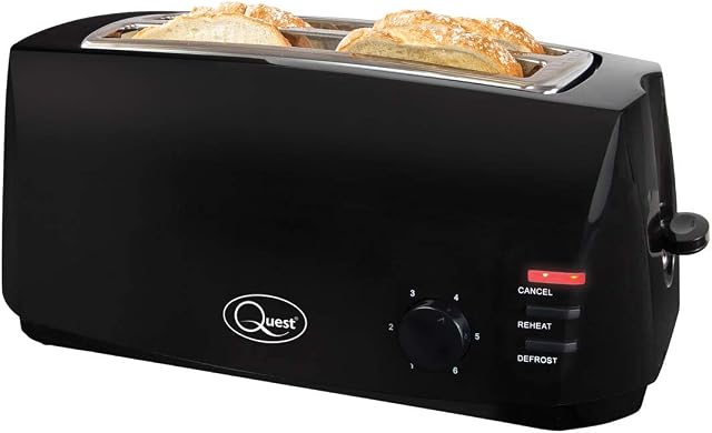 Quest 35069 Extra Wide 4 Slice Long Slot Toaster / Variable Browning Control / Reheat and Defrost / Anti-Jam Function / Crumb Tray and Cord Storage