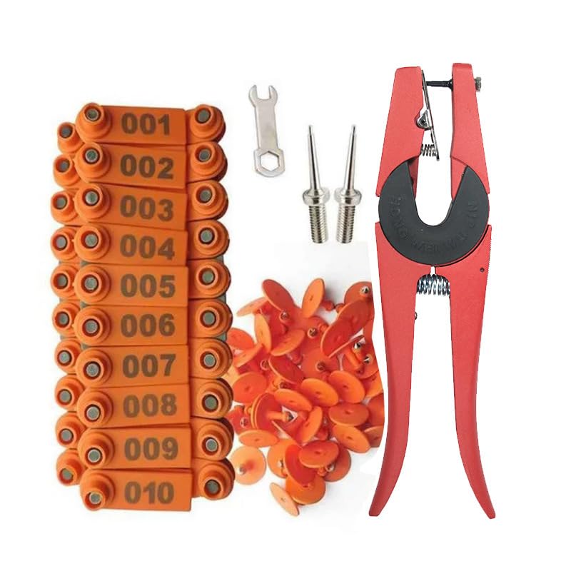 marcature per bestiame, For pecore, maiali, bestiame, cani, animali da fattoria, cervi, cavalli, mucche, bovini, con 1 applicatore for etichette auricolari, numero 001-100(Orange)