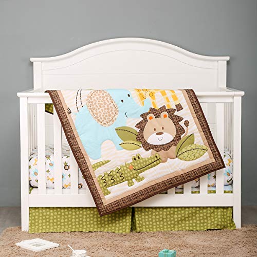 Brandream Jungle Crib Bedding Set For Boys Girls Safari Nursery Set - Elephant Lion Giraffe Animal Baby Comforter/Quilt, Fitted Crib Sheet, Crib Skirt, 3 Pieces Green/Yellow/Mint/Taupe #TOP5
