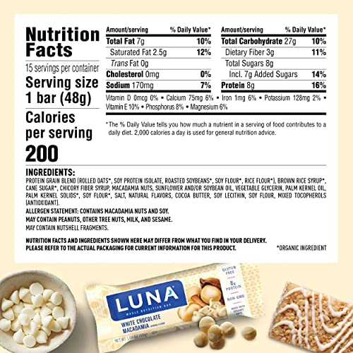 Luna Bar - Gluten Free Snack Bars - White Chocolate Macadamia Flavor -8G Of Protein - Non-Gmo - Plant-Based Wholesome Snacking - On The Go Snacks (1.69 Ounce Snack Bars, 15 Count) #TOP4
