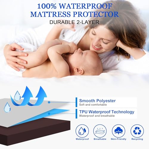 Image of 100% Waterproof Premium Cotton Feel Mattress Protector Double Bed Size, 72x72 Inches | Breathable and Hypoallergenic Ultra Soft Fitted Bed Protector Cover Fits Upto 10 Inches-(Brown)