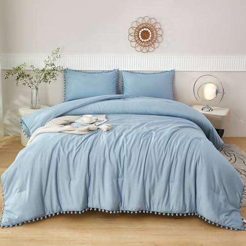 PERFEMET 5 Pcs Blue Bed in A Bag Queen Size Boho Aesthetic Pom Pom Bedding Comforter Set with Sheets Lightweight Soft Pom Solid Comforter for Women Men(Grayish Blue, Queen)