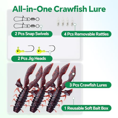 Image of Battle Craw Soft Plastic Crawfish Lures Kit with Removable Rattles | Salt Infused Creature Bait for Bass Fishing, Texas Rig & Jig Trailer Lure in Tackle Box, Realistic 1:1 Claw-to-body 4.1 /5.5in