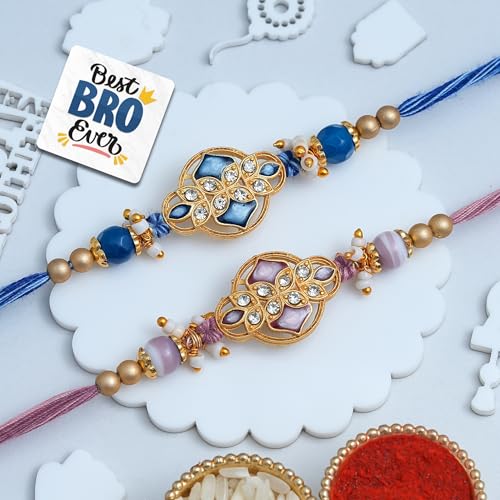 Image of eCraftIndia Set of 2 Multicolor Religious Om Symbol and Peacock Designer Rakhis with Roli Chawal Pack and Best Bro Ever Fridge Magnet - Rakhi for Brother