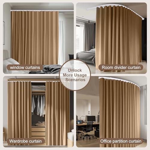 Image of Room Divider Curtains & Flexible Bendable Tracks Set,Privacy Dividers Ceiling Track Curtain Window Blackout Curtains for Living Room Bedroom (W100 x H84 in 1 Panel Khaki Drape & White Rail)