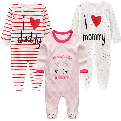 Image of MAMIMAKA Baby Boys Girls Footies One-Piece Romper Long-Sleeve Jumsuit Cotton Newborn Clothes Set 3-Pack Baby Pajamas