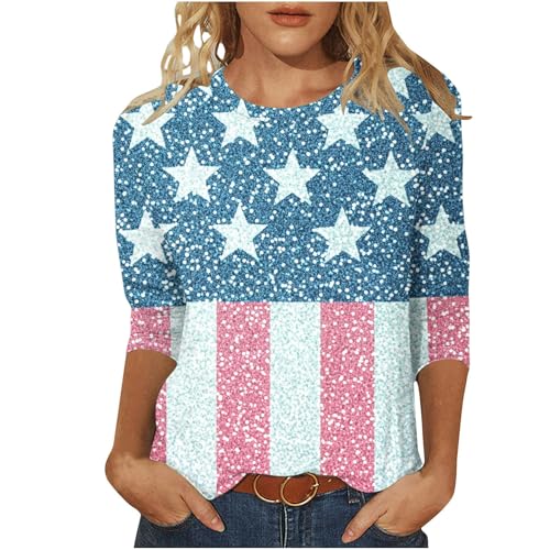 Image of Fourth of July Shirts for Women 3 /4 Sleeve Summer Tops American Flag Print T Shirt Patriotic 4th of July Shirts 2025