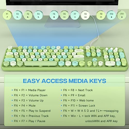 Image of Atelus Computer Keyboard Wired, Typewriter Style, Plug Play USB Keyboard with Large Number Pad, Caps Indicators, Foldable Stands, Full Size Wired Keyboard for Windows PC Laptop (Green Colorful)