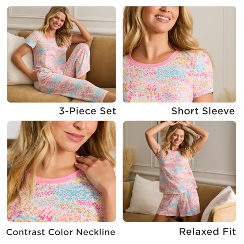 Image of Cuddl Duds 3 Piece Short Sleeve Capri Matching Lounge PJs Sets for Women | Cropped Capris Pants Boxer Shorts & Top, Sleepwear & Loungewear, Cute Sleep & PJ Set, Soft Lightweight & Breathable Pajamas