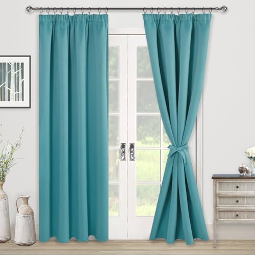 JIUZHEN Opaque Curtains with Ruffle Tape, Blackout Curtains, Living Room Curtains, Bedroom, Thermal Curtain, Turquoise - Image 2