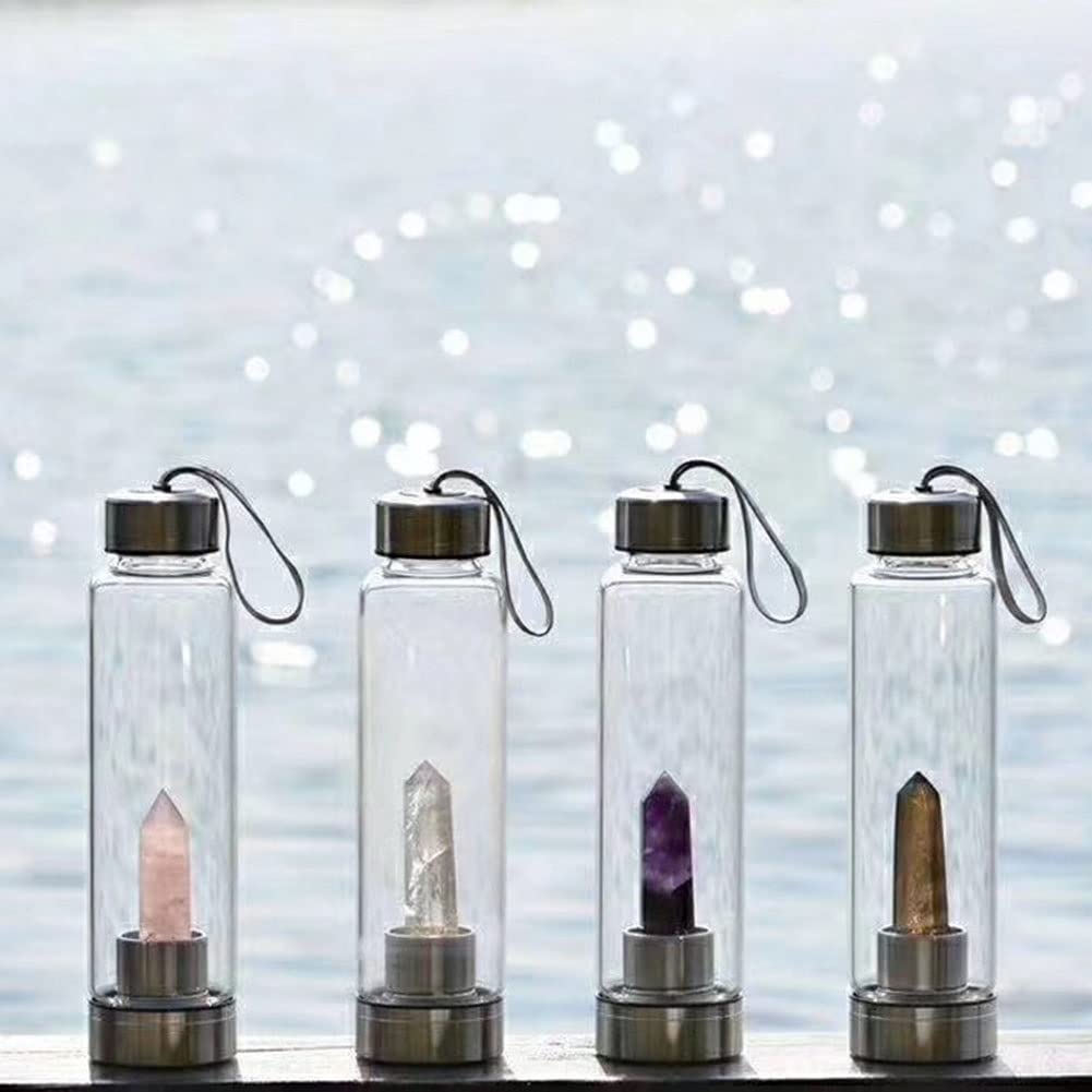 Botella De Agua De Cristal Natural Con Centro De Piedras Preciosas Decorado Punto Reiki Curación Elixir Cristal De Cuarzo Obelisco Varita Botella De Agua Con Infusión De Gemas De Cristal De Cuarzo ( C