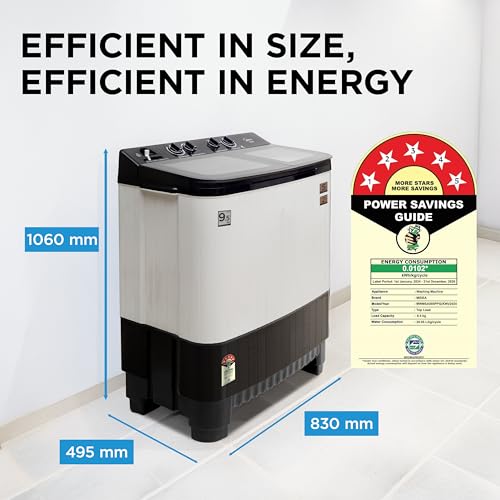 Image of Midea 9.5 Kg 5 Star Toughened Glass Semi Automatic Top Load Washing Machine Black White (MWMSA095GPG(KW) Rust proof Body with 1300 RPM)