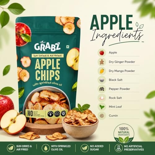 Image of GRABZ Apple Fruit Chips | Air-Dried, No Added Sugar, Crunchy Immunity Snack - 20g Each (Pack of 3)