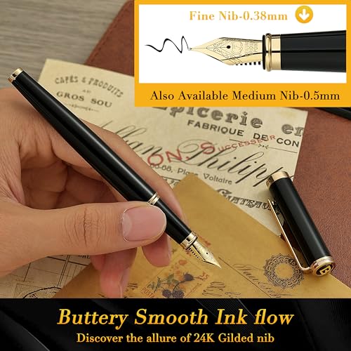 Image of BEILUNER Black Personalized Fountain Pen,Stunning Luxury Lacquer,24K Gilded Nib(Fine),Gorgeous 24K Gold Finish, Ink Converter,Fancy Office Gift for Men&Women-Elegant, Graduation,Nice Pens for Writing