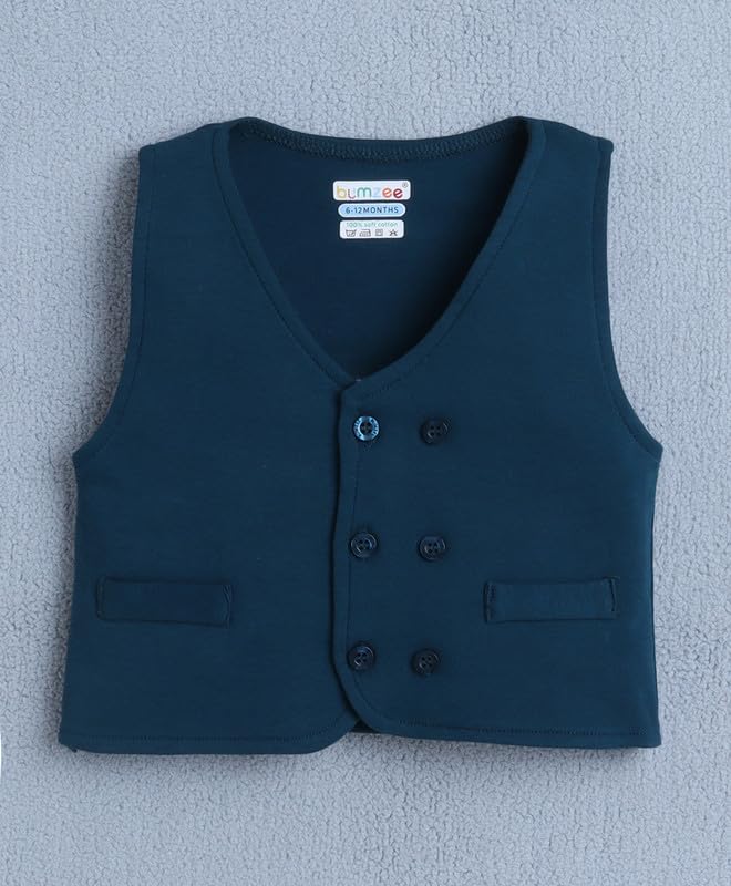 Image of BUMZEE Boys Regular Fit Full Sleeves Collar Neck Cotton Shirt Waistcoat Short Set with Applique Bow