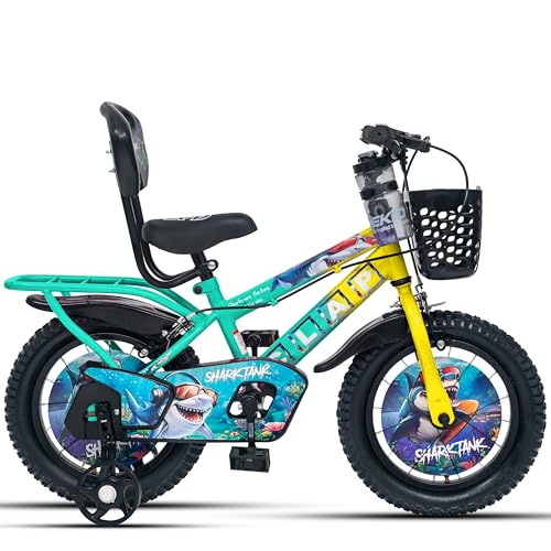 Image of Shark Tank 14T Kids Bicycle for Boys & Girls with Inbuilt Carrier, Front Basket, PU Soft Seat, Full Chain Cover & Stylish Wheelcards (Yellow /Sea Blue)