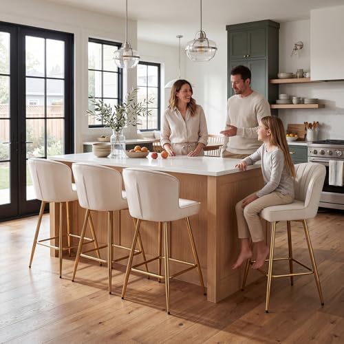 Image of EALSON Counter Height Bar Stools Set of 4 Modern Bar Chairs with Back Velvet Upholstered Barstools with Gold Footrest Comfortable Island Chairs for Kitchen Counter /Home Bar /Dining Room, Beige