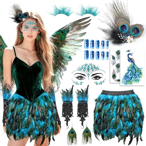 ZJTAPE Pfau Kostüm Damen - Azurblau Federrock, Pfauen Accessoires Karneval Kostüm mit Pfauenfedern, Glitzersteine Gesicht, Pfau Nägel Handschuhe...
