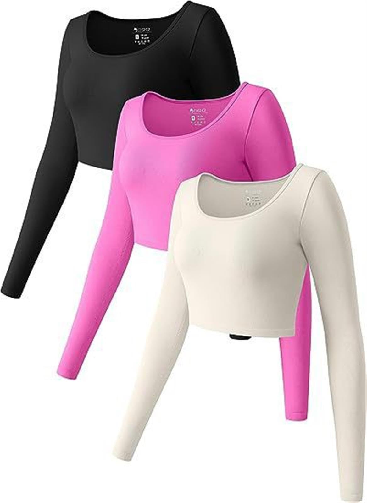 hixswnu 3 Pack de Las Mujeres de Cuello Cuadrado Tops, Manga Larga Crop Top Slim Fit Cropped Shirts Casual Basic Deportes Tees,002,S