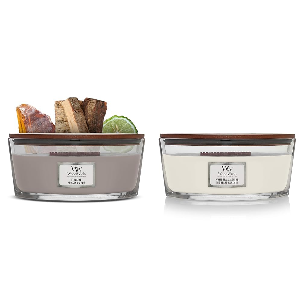 WoodWick Ellipsenförmige Duftkerze mit knisterndem Docht & Ellipsenförmige Duftkerze mit knisterndem Docht, White Tea & Jasmine, bis zu 50 Stunden Brenndauer, 454g