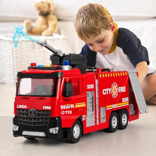 Image of ANTALYA Musical Fire Truck Toy for Kids with Water Spray, Lights & Sound | Push and Go Fire Engine Vehicle with Rotating Ladder & Water Tank | Educational Rescue Truck Toy for Boys & Girls