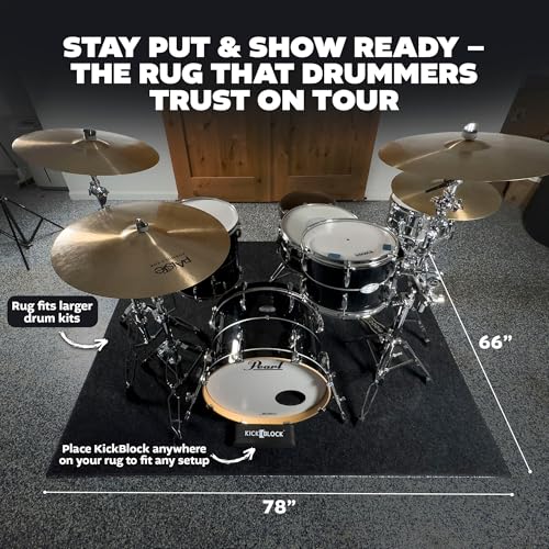 Image of KickBlock Drum Kit Bundle - Drum Rug 6'6 inch x 5'6 inch + Bass Drum Anchor + PedalBlock Set Black - Stops Bass Drum Creep & Pedal Slide - Non-Slip Drum Mat - Drummer Gift & Accessories