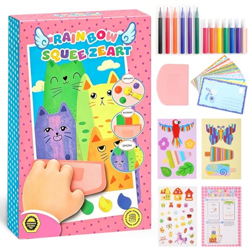 Rainbow Squeeze Art Kit DIY Creative Scratch Art Kit for Kids Magic Artistic Creative Squeegee Painting Set for Drawing Postcards Favors Novelty Gifts for Boys Girls (Pink)