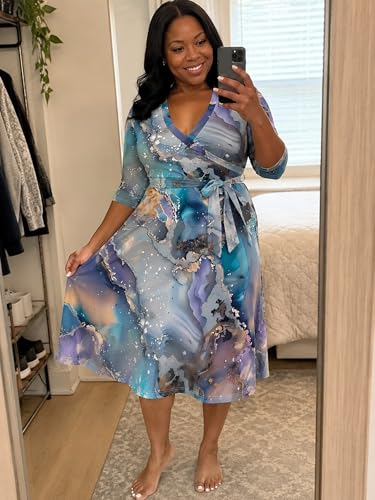 Image of PinkPatty Women's Plus Size Maxi Dress Print 3 /4 Sleeves V Neck Party Sundress Wedding Guest Dresses
