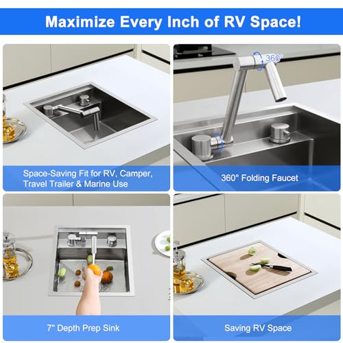 Image of 15 Inch Brushed RV Sink - MENATT 15 x 18 Inch Small Kitchen Sink 18 Gauge Stainless Steel Single Bowl Basin with Foldable Faucet Cutting Board