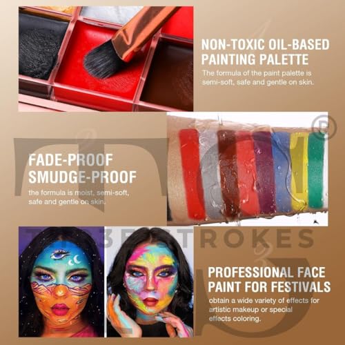 Image of THR3E STROKES Oil Based Face Body Painting Kit, 12 Colours, Black & White Halloween Makeup Palette, Hypoallergenic Body Paint for Costume Party, Special Effects