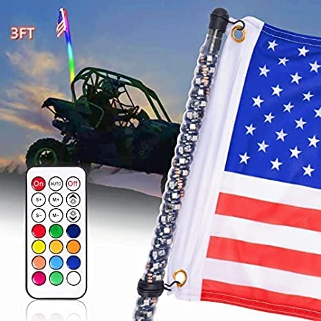 3FT RGB LED Whip Light with Flag, Pole RF Remote Control Spiral Lighted of  Dancing/Chasing Antenna LED Whip Light for UTV ATV Off-Road Truck Sand