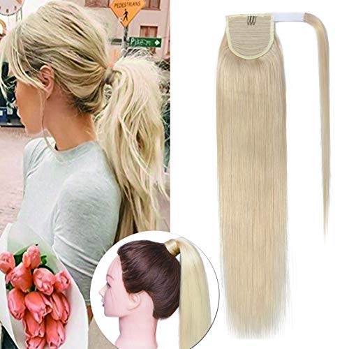 Wrap Around Ponytail Hair Extensions Human Hair Long Straight 100% Real Remy Hair Pony Tails Hair Extensions For Women #60 Platinum Blonde 18 Inch 90g
