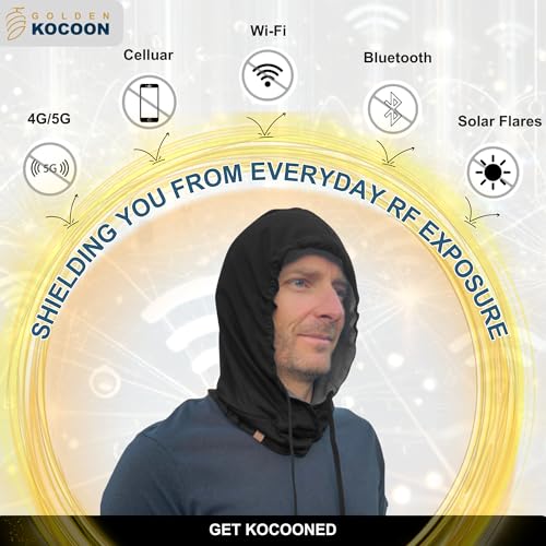 Golden Kocoon® -E-M-F Organic Cotton & Bamboo Viscose Hood in Black with EcoShield™ Tech Bamboo Lyocell Faraday Fabric Silver Liner -Cover Head & Neck-5 g, BT, Smart Meters & WiFi-Cocoon Hat Cap4
