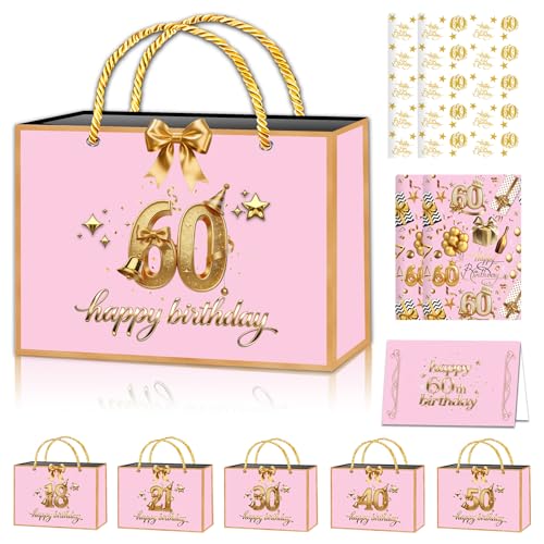 POPOYU Rose Gold 60th Birthday Gift Bag with 60thBirthday Wrapping Paper and Birthday Card Ribbon 60th Birthday Wrapping Paper for Women Tissue Paper Sheets for BirthdayGifts Wrapping DIY Art Crafts