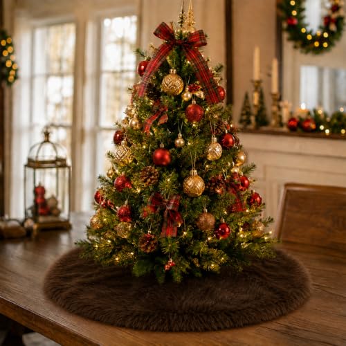 AtiMing Small Plush Christmas Tree Skirts Dark Brown - 24 Inch Thick Faux Fur Christmas Tree Skirt Mat Neutral Color for Xmas Holiday New Year Home & Farmhouse Party Decorations - 60cm Round Fluffy