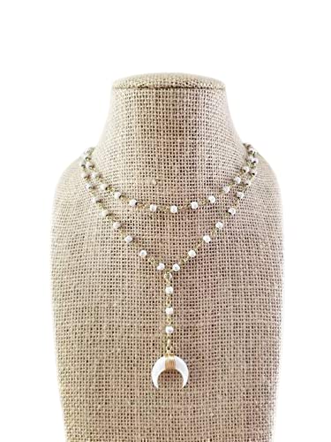 Double Horn White Gold Beaded Rosary Chain Lariat Necklace