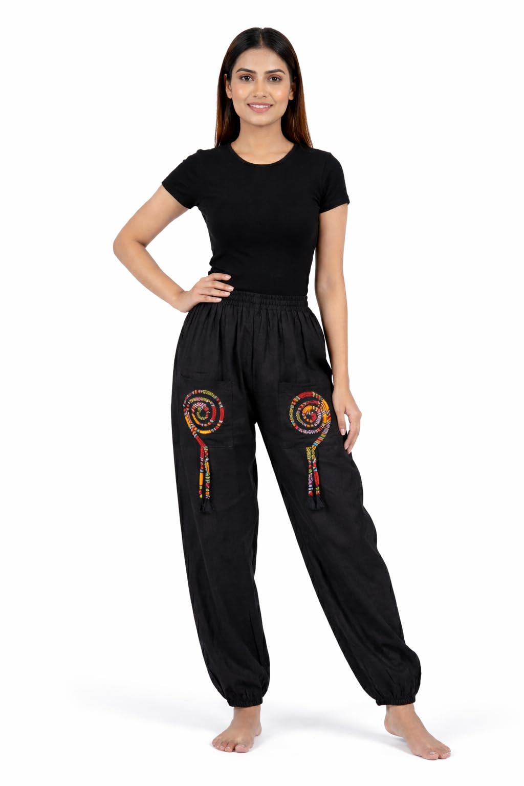 Women's Rayon Harem Pants, Black, Loose Fit with Spiral Embroidery, Comfortable Elastic Waist-picture-11